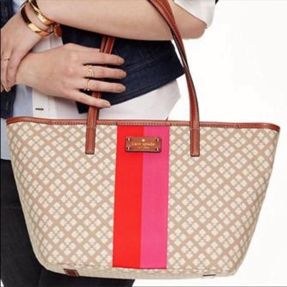 Kate Spade Tan Pink Red Spades Tote Bag Purse